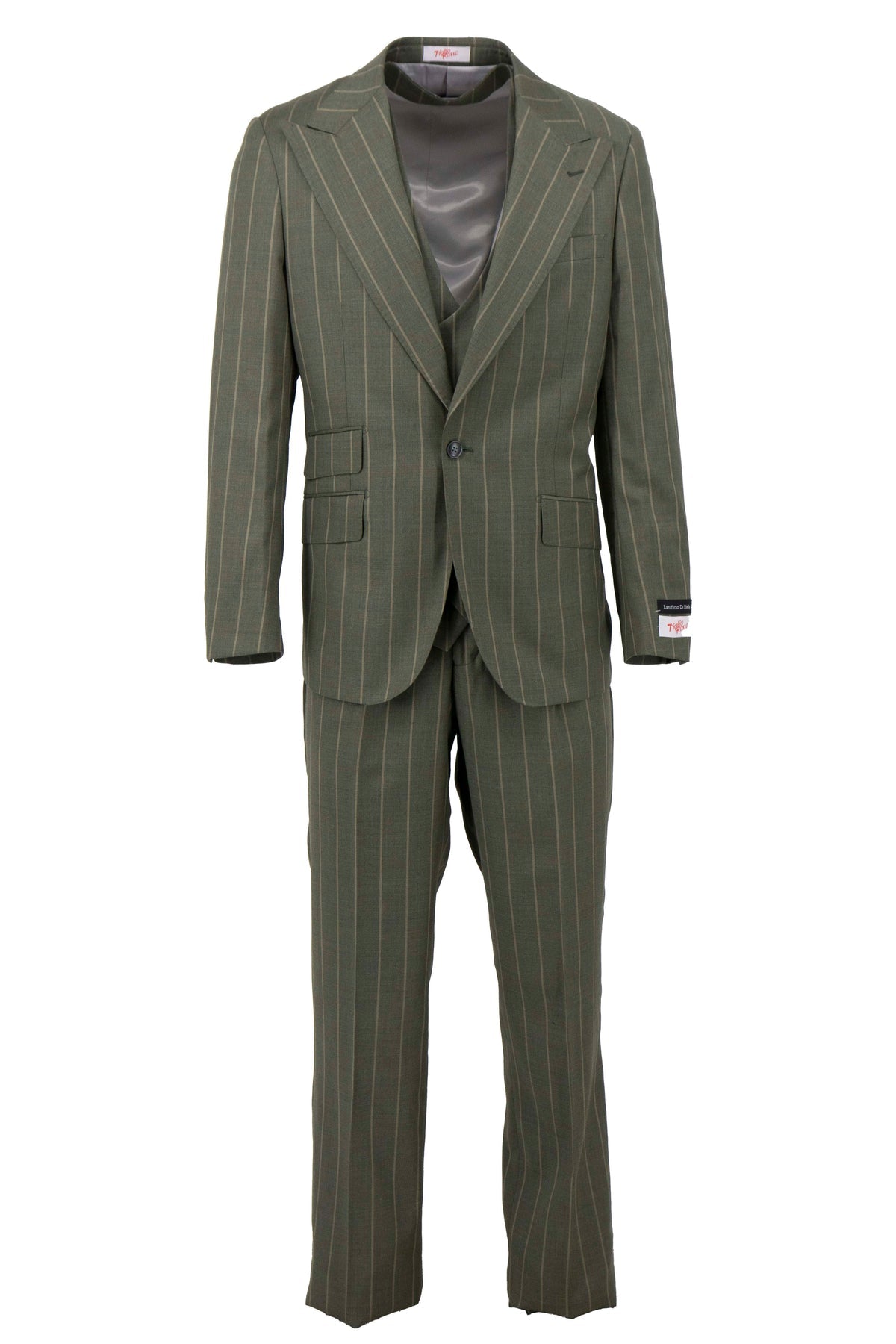 A sage green stripe suit on a hanger, made from 100% wool, includes a single-breasted blazer with matching semi wide-leg trousers. This stylish set epitomizes the classic quality of Tiglio Rosso Orvietto TL5066.