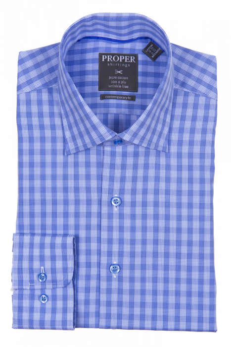 A folded dress shirt from Proper Shirtings, known as the PROPER SHIRTINGS BLUE CONTEMPORARY FIT REGULAR CUFF P119ET0R-BLU, is crafted from pure cotton in a blue checkered pattern and features a collar with three visible buttons.