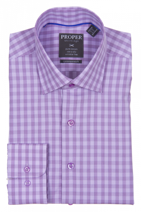 A folded Proper Shirtings purple plaid dress shirt in a contemporary fit features a label with the name "PROPER SHIRTINGS PURPLE CONTEMPORARY FIT REGULAR CUFF P119ET0R-PUR," detailing its pure cotton fabric and care instructions, ensuring both style and comfort.