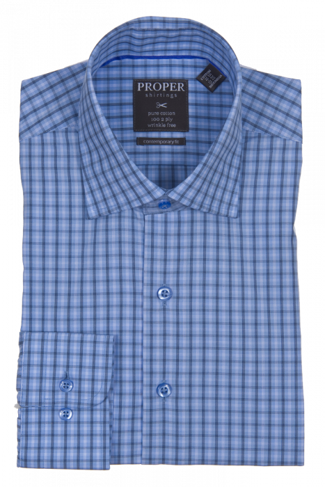 A folded long-sleeve shirt showcasing a blue checkered pattern and featuring a label that reads "Proper Shirtings" along with care instructions. Made from pure cotton, this PROPER SHIRTINGS BLUE CONTEMPORARY FIT REGULAR CUFF P127ET0R-BLU shirt offers a contemporary fit and is wrinkle-free for effortless style and comfort.