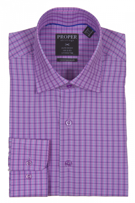 The Proper Shirtings PROPER SHIRTINGS MAGENTO CONTEMPORARY FIT REGULAR CUFF P127ET0R-MAG is a folded dress shirt in purple checkered pattern, designed with a contemporary fit and made from pure cotton.