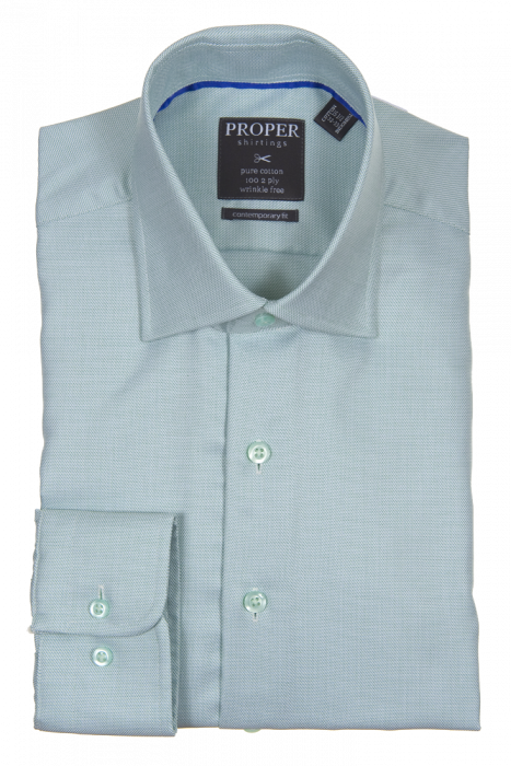 The Proper Shirtings green button-up dress shirt is wrinkle-free, featuring a collar and a visible brand label inside, crafted from soft cotton in a contemporary fit.