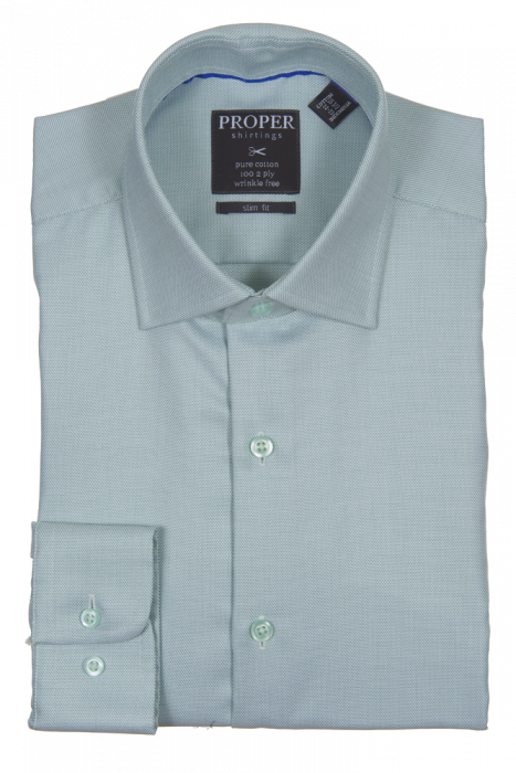 Folded green long-sleeve dress shirt with a "Proper Shirtings" label, crafted from pure cotton. This slim fit design features regular cuffs and provides a wrinkle-free finish for effortless elegance.