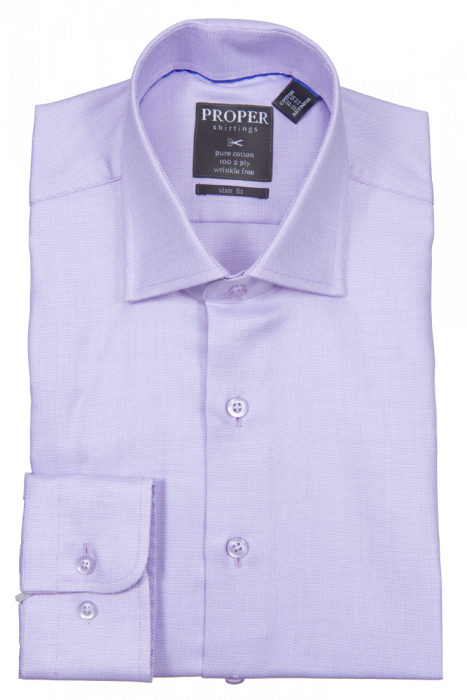 Folded lavender slim fit dress shirt with a black label on the collar displaying the Proper Shirtings brand name and size, crafted from pure cotton for ultimate comfort.