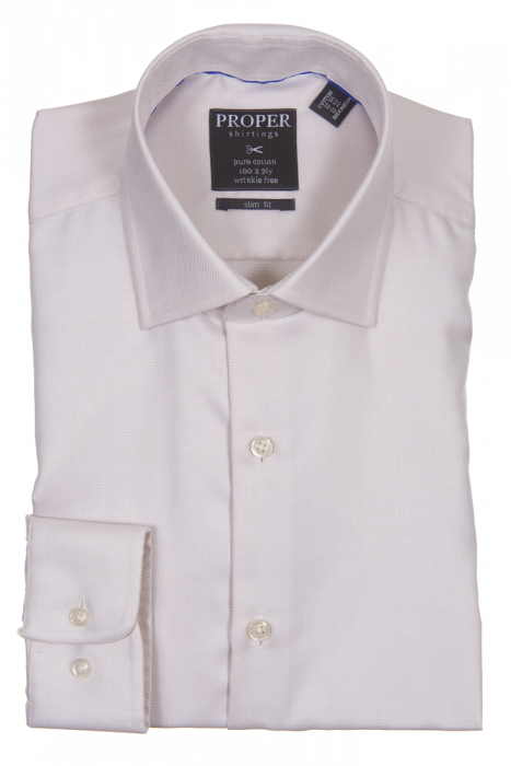 A neatly folded, long-sleeve dress shirt with a label displaying "Proper Shirtings," offers a tan, pure cotton design in a slim fit with regular cuffs for a sophisticated touch.