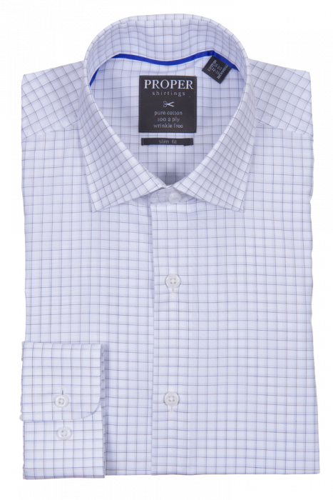 Folded gray slim fit dress shirt with regular cuffs and buttons, crafted from pure cotton by Proper Shirtings, featuring a visible label at the collar.