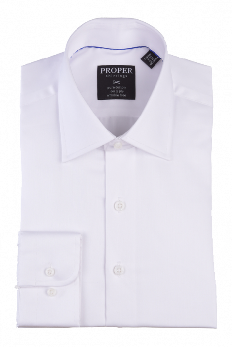 Folded Proper Shirtings PROPER SHIRTINGS WHITE CLASSIC FIT REGULAR CUFF P720DD0R-WHT shirt with a black label, featuring buttoned cuffs and made from wrinkle-free cotton for a classic fit.