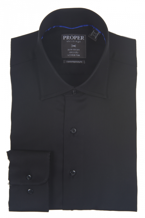 PROPER SHIRTINGS BLACK CONTEMPORARY FIT REGULAR CUFF P720ET0R-BLK by Proper Shirtings, features a modern cut and is neatly folded. The crisp cotton fabric guarantees it stays wrinkle-free, with prominently displayed label and buttons.