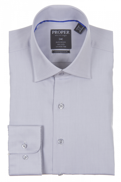 A neatly folded light gray dress shirt from Proper Shirtings, called the PROPER SHIRTINGS GRAY CONTEMPORARY FIT REGULAR CUFF P720ET0R-GRY, is crafted in pure cotton. It boasts a contemporary fit with a label on the collar and features a button-up front, long sleeves, and a standard collar for a stylish, wrinkle-free appearance.