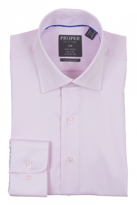 A folded light pink dress shirt featuring a pointed collar and regular buttoned cuffs, designed for a contemporary fit. The label displays "Proper Shirtings" and "pure cotton," ensuring a wrinkle-free experience.