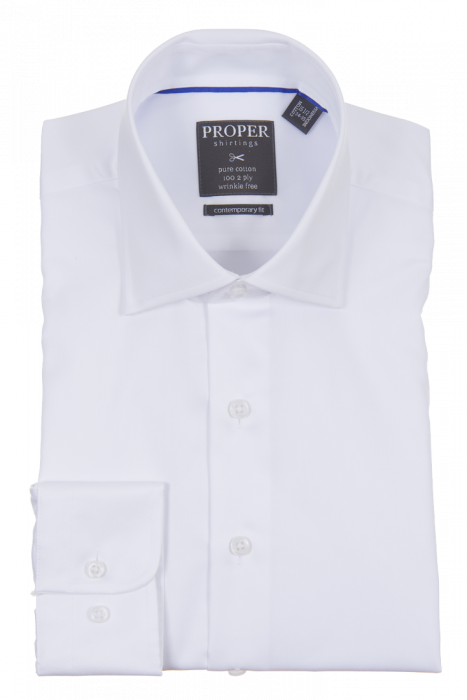 This neatly folded white dress shirt, named the PROPER SHIRTINGS WHITE CONTEMPORARY FIT REGULAR CUFF P720ET0R-WHT by Proper Shirtings, features a visible collar and cuff that embody true style. Tailored in a contemporary fit, it boasts a pure cotton construction enhanced with wrinkle-free technology for effortless elegance.