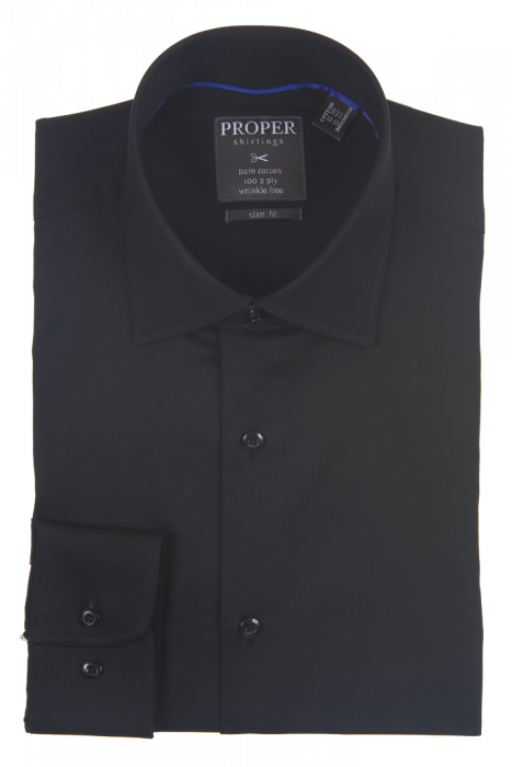 A neatly folded Proper Shirtings dress shirt in black, featuring the label on the collar that highlights its wrinkle-free design and slim fit, offering an elegant look. Model: PROPER SHIRTINGS BLACK SLIM FIT REGULAR CUFF P720TTSR-BLK.