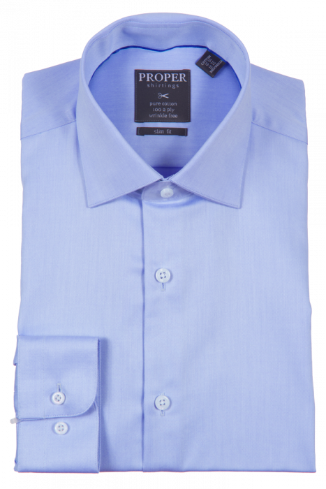 A neatly folded light blue dress shirt designed for men, made from pure cotton in a slim fit style, featuring a spread collar and regular cuffs, bearing the "Proper Shirtings" label inside.