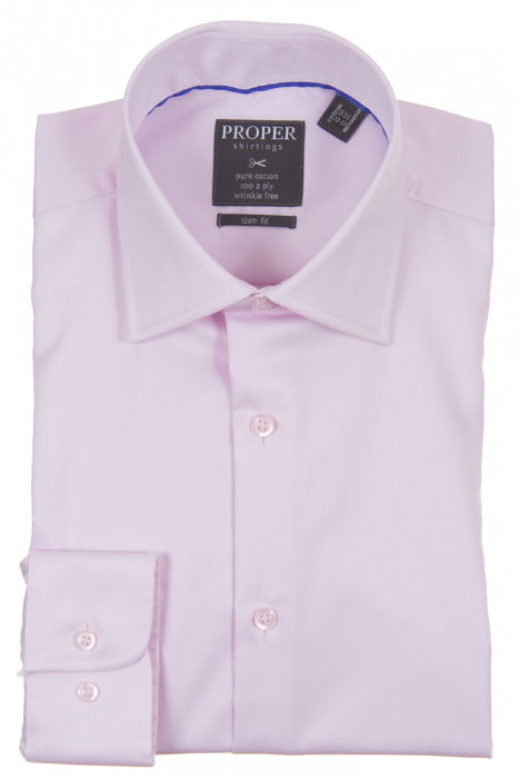 A folded PROPER SHIRTINGS PINK SLIM FIT dress shirt from Proper Shirtings features a pointed collar, regular cuffs, and a visible label on the collar. This wrinkle-free piece combines elegance and comfort effortlessly.