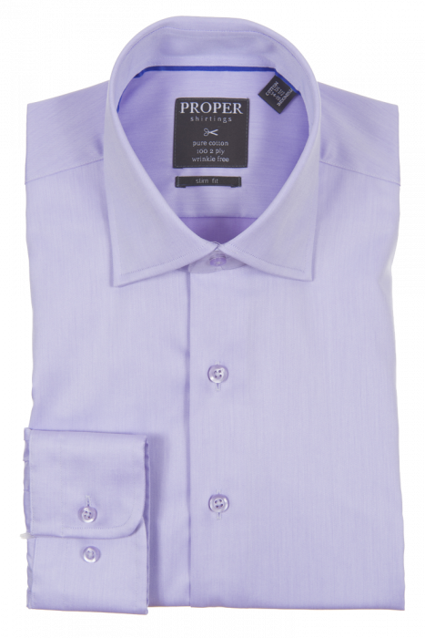 A folded, wrinkle-free purple dress shirt with a pointed collar and regular cuffs, crafted from premium cotton. It features a "Proper Shirtings" label along with care instructions. Its slim fit design ensures impeccable style and comfort for any occasion, as seen in the PROPER SHIRTINGS PURPLE SLIM FIT REGULAR CUFF P720TTSR-PUR shirt.