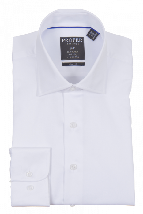 The expertly folded white dress shirt from Proper Shirtings features a slim fit design and is crafted from wrinkle-free cotton fabric for effortless elegance. This PROPER SHIRTINGS WHITE SLIM FIT REGULAR CUFF P720TTSR-WHT comes with size information to ensure your perfect fit.