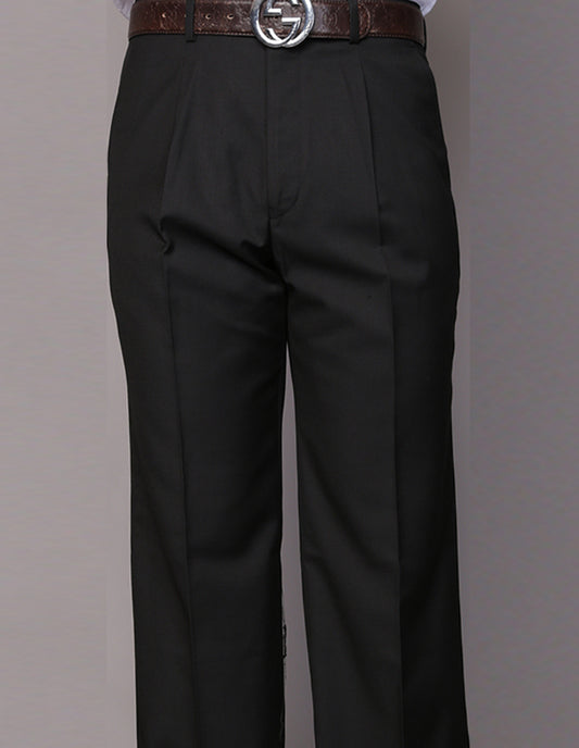 Man wearing Statement Clothing regular fit pleated pants in black and a brown belt with a silver circular buckle.