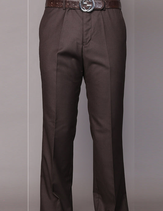 A person dressed in Statement Clothing's Regular Fit Pleated Pants PA-200A-BROWN, crafted from Super 150's wool, accessorized with a brown belt featuring a metallic buckle.