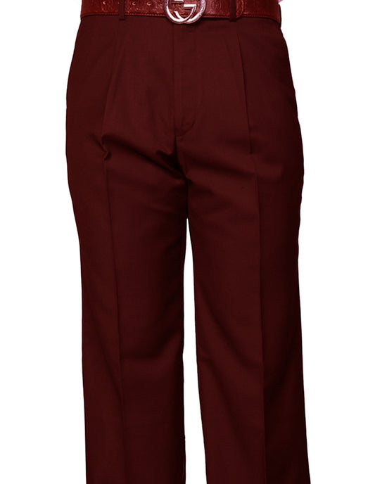 A person wearing burgundy, regular fit pleated pants by Statement Clothing, complete with a brown belt and crafted from Super 150's wool.