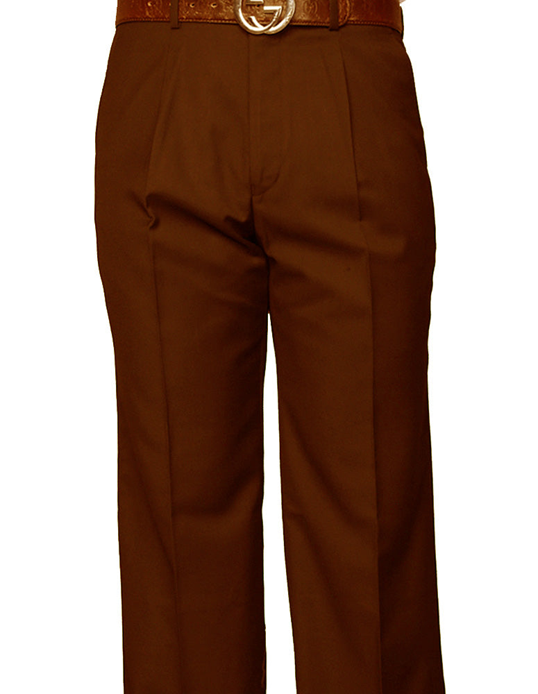 A pair of STATEMENT CLOTHING regular fit pleated pants in copper, crafted from luxurious Super 150's wool, complete with a brown belt featuring a circular buckle.