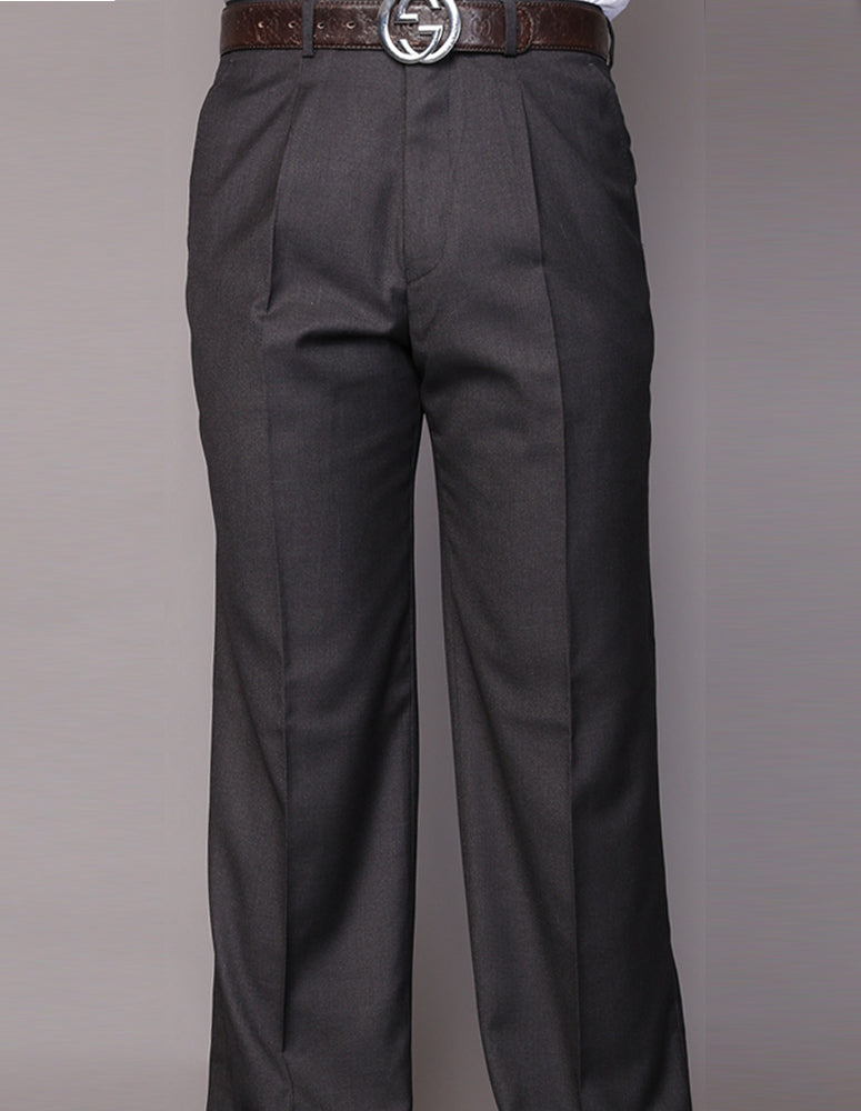 Charcoal pleated formal pants by Statement Clothing, crafted from Super 150's wool, paired with a brown leather belt featuring a silver buckle. Modeled from the waist down against a plain backdrop, these REGULAR FIT PLEATED PANTS PA-200A-H.CHARCOAL provide an elegant and timeless appearance.