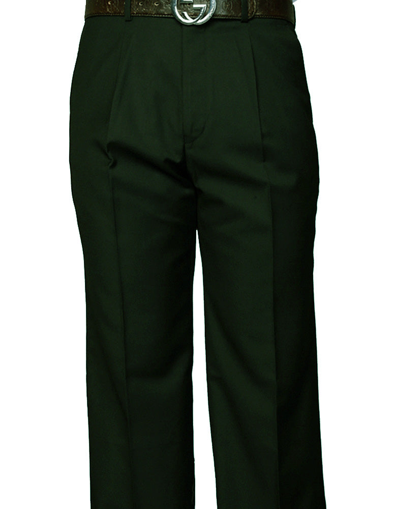 A person wearing the STATEMENT CLOTHING | ﻿REGULAR FIT PLEATED PANTS PA-200A-HUNTER by Statement Clothing, made from super 150's wool in dark green and accessorized with a brown leather belt, stands against a white background.