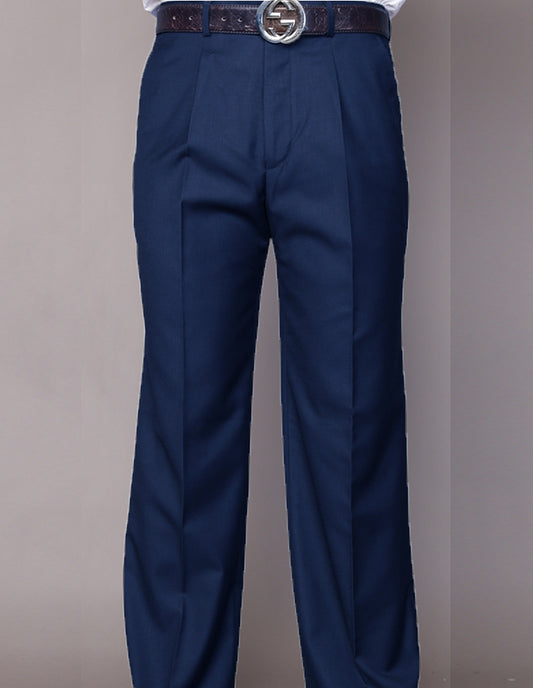 A person wearing Statement Clothing’s Regular Fit Pleated Pants PA-200A-Indigo, impeccably tailored from Super 150's wool, stands against a neutral background. The look is completed with a sleek black belt that enhances the regular fit of the ensemble.