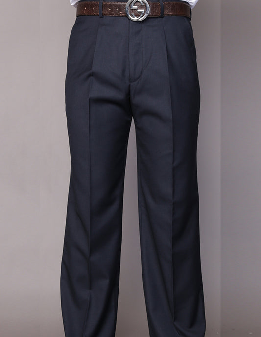 A person wearing navy pleated pants from Statement Clothing's Regular Fit collection, crafted from luxurious Super 150's wool, cinched with a brown belt against a plain background.