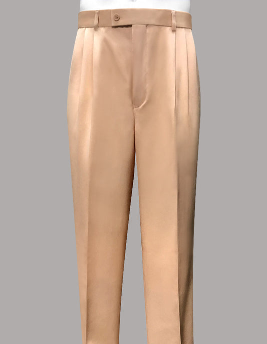 The gray background is elegantly adorned with peach pleated pants from Statement Clothing's STATEMENT CLOTHING | REGULAR FIT PLEATED PANTS PA-200A-PEACH, crafted for a regular fit.