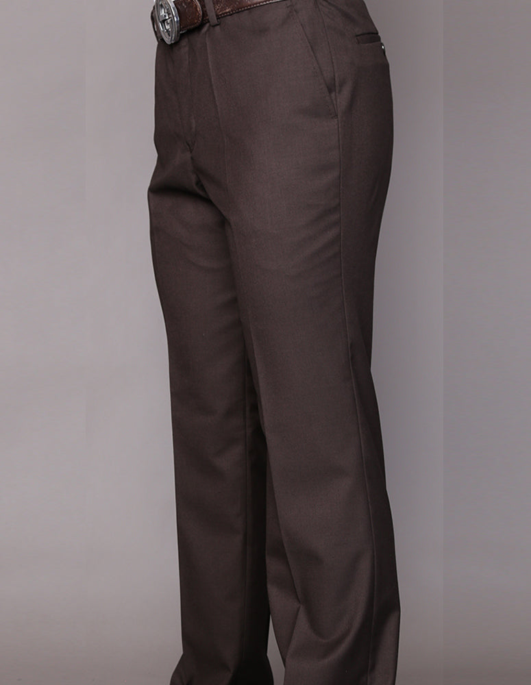 A person wearing Statement Clothing's PA-200B-BROWN modern fit pants in brown, crafted from Super 150's wool and accessorized with a belt, stands against a plain background.