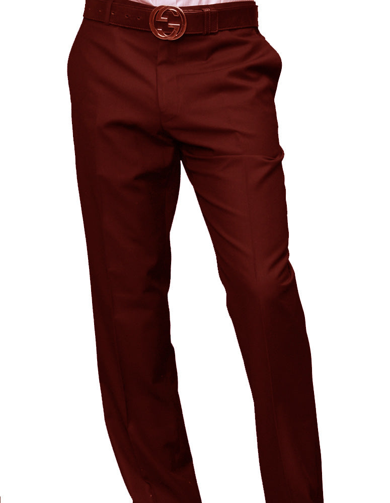 A person wearing Statement Clothing's Modern Fit Solid Color Pants (PA-200B-Burgundy), crafted from luxurious Super 150's wool, paired with a matching belt featuring a circular buckle.