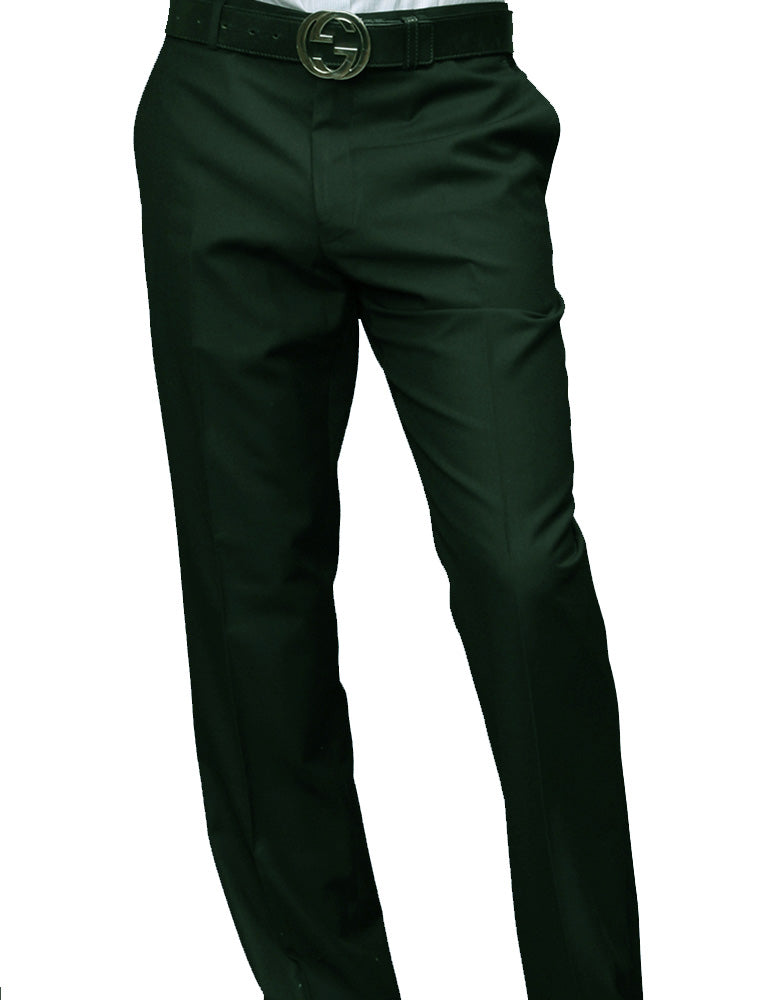 A person wearing Statement Clothing's modern fit solid color pants, PA-200B-HUNTER, crafted from Super 150's wool with a sleek flat front, paired with a black belt, standing against a white background.