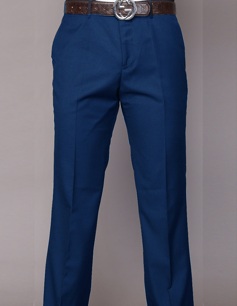 A pair of Statement Clothing's PA-200B-Indigo modern fit solid color pants, accompanied by a brown belt with a circular silver buckle, displayed from waist to ankles.