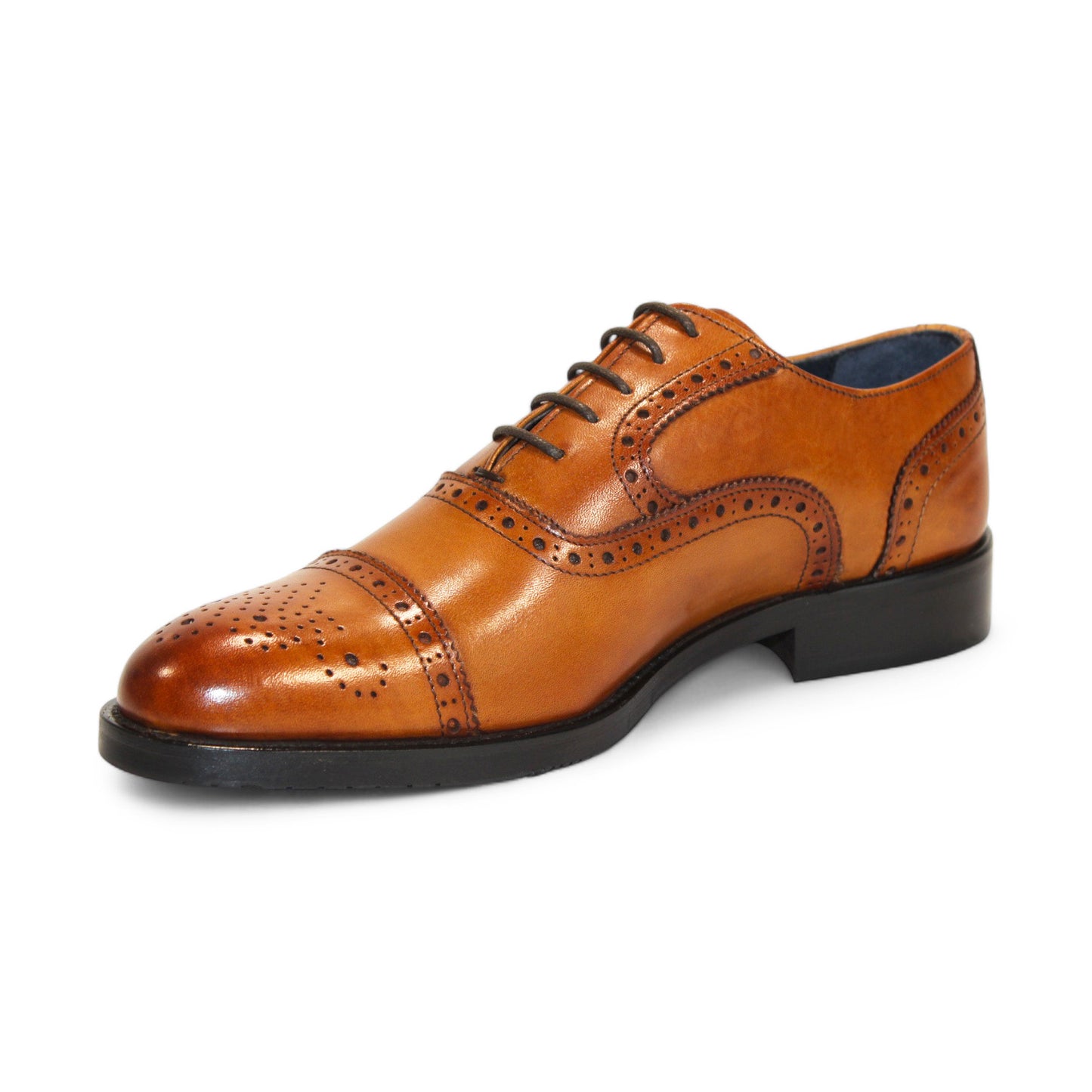 Displayed are three pairs of Firmani leather dress shoes, including the elegant Paul Cognac in tan, brown, and black hues, all featuring decorative perforations on the toe and sides that highlight their classic style.