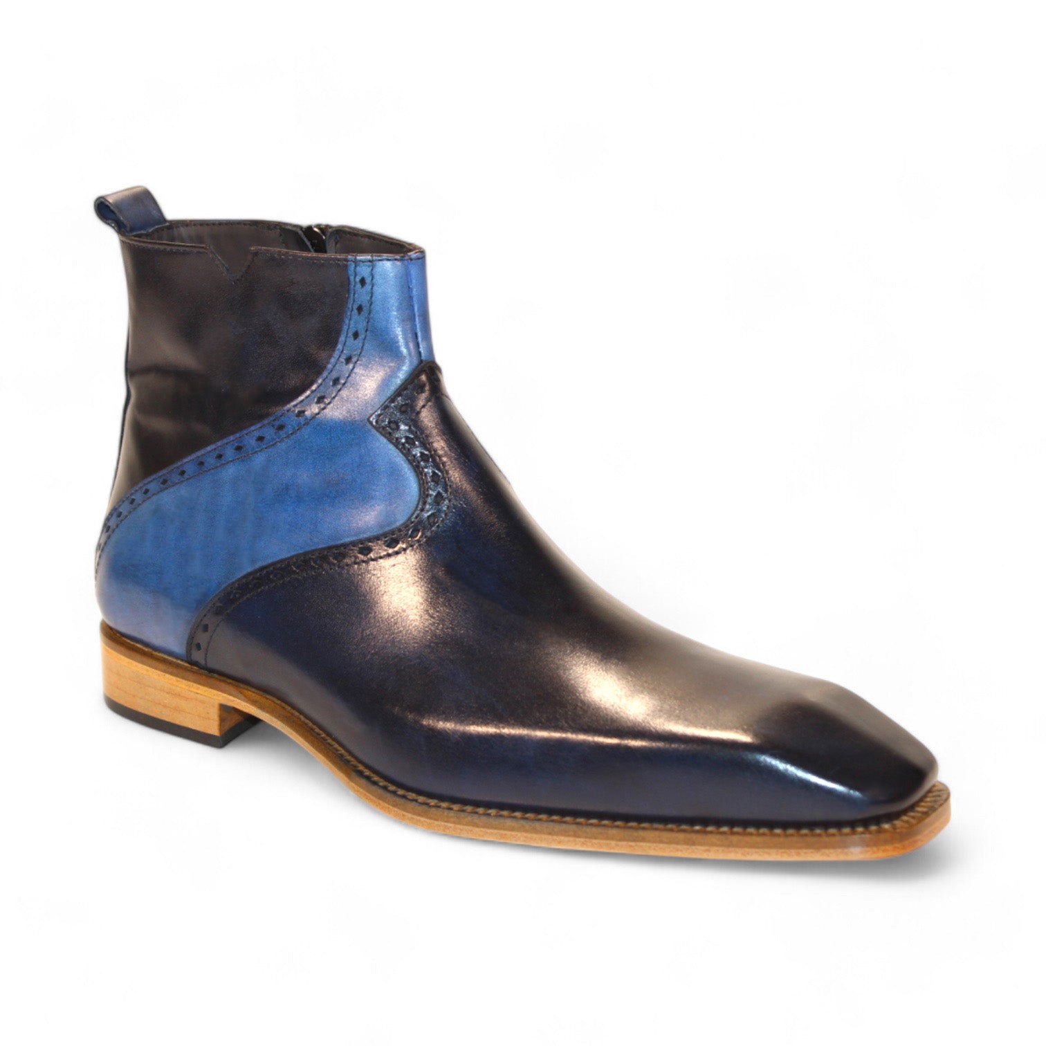 The Duca Di Matiste Pedaso ankle boot, in navy and jeans leather with a wooden sole, crafted in Italy, is featured against a white background.