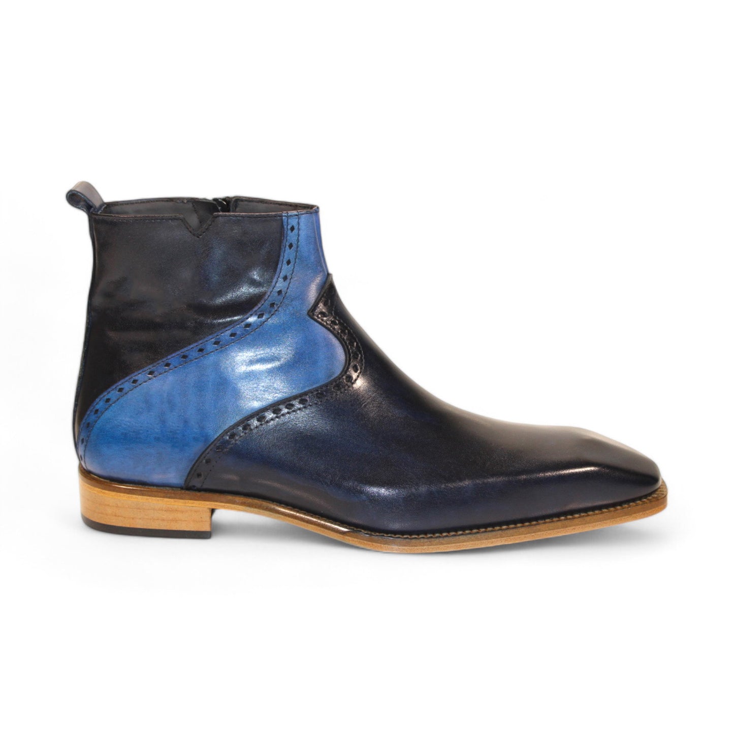 The Duca Di Matiste Pedaso ankle boot, in navy and jeans leather with a wooden sole, crafted in Italy, is featured against a white background.