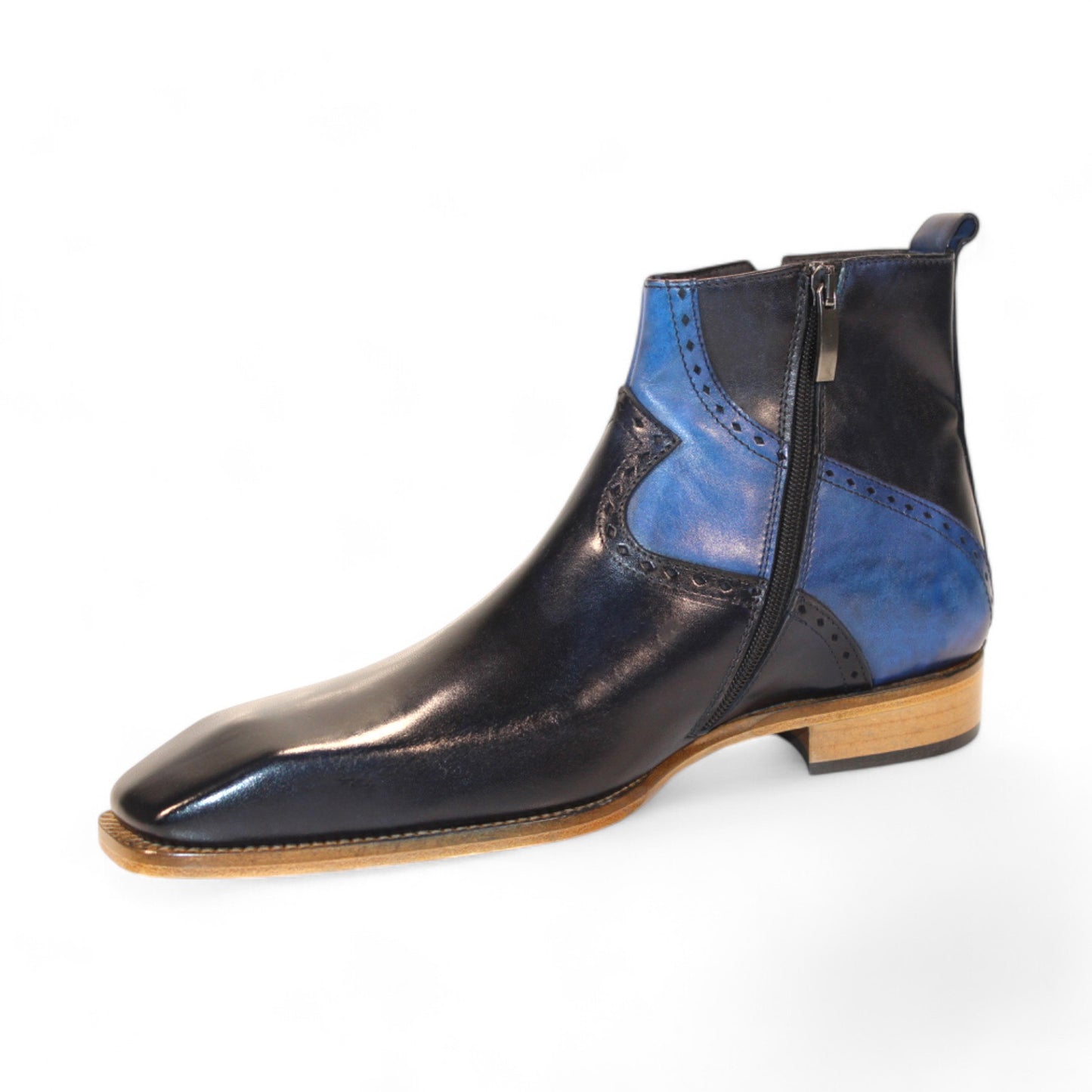 The Duca Di Matiste Pedaso ankle boot, in navy and jeans leather with a wooden sole, crafted in Italy, is featured against a white background.