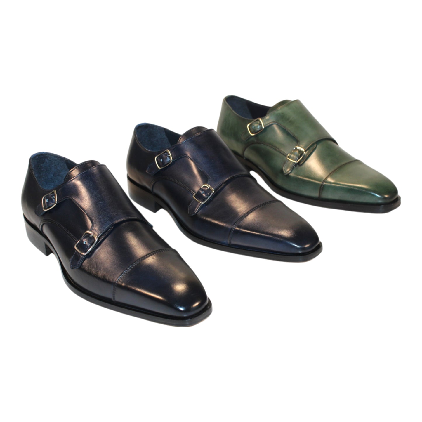 Firmani Percy Navy Shoes, crafted by Firmani, feature a dark blue leather monk strap design with double buckles and a low heel, capturing the elegance of Italian footwear on a white background.