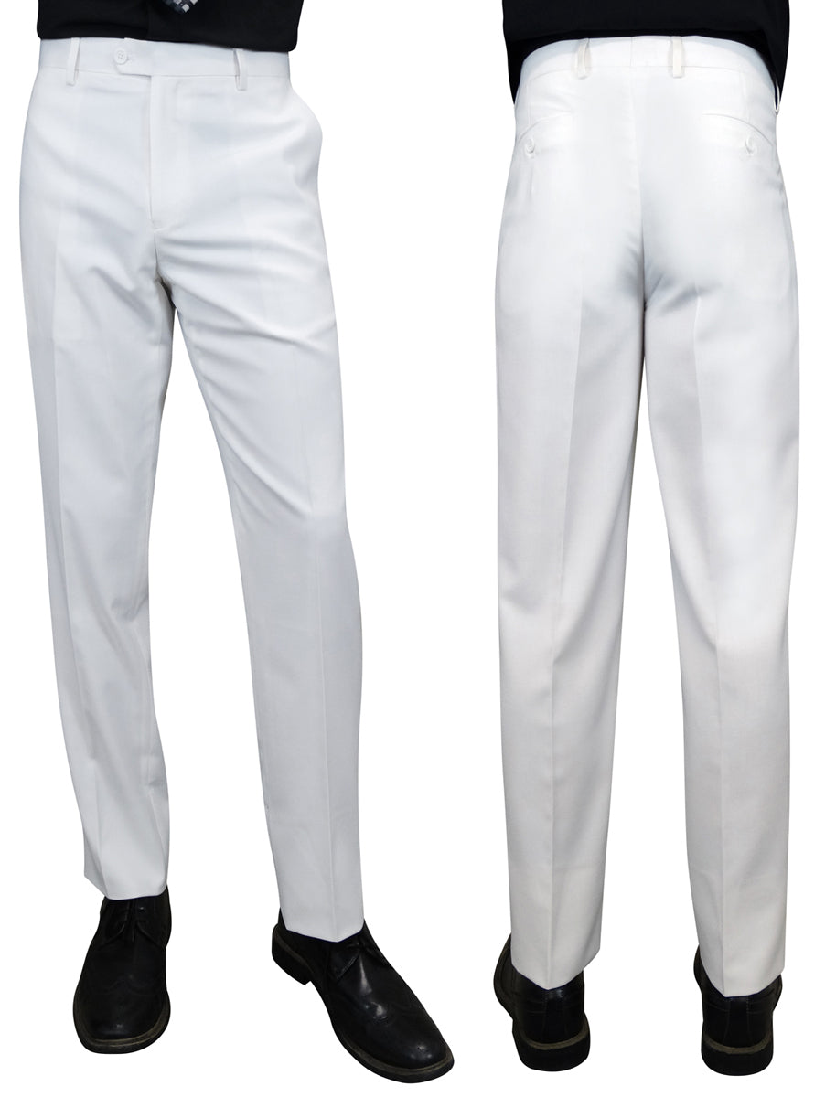 Front and back view of the STATEMENT CLOTHING | SLIM FIT PANTS PL-100-WHITE from Statement Clothing, showcasing its elegant flat front design, worn with black shoes.