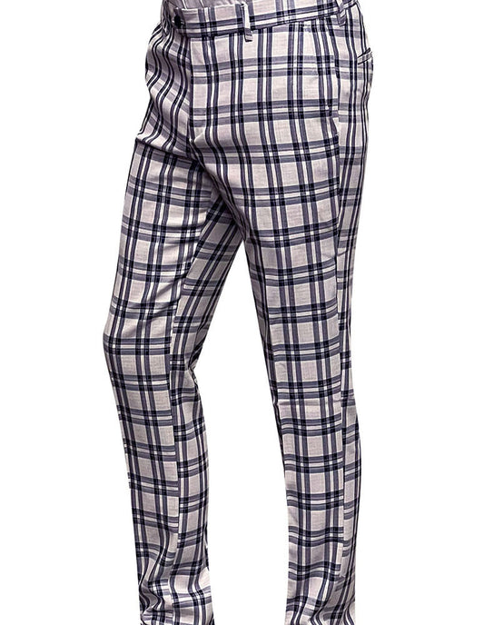 A pair of plaid slim fit pants by Statement Clothing, featuring a black and gray pattern on white wool.