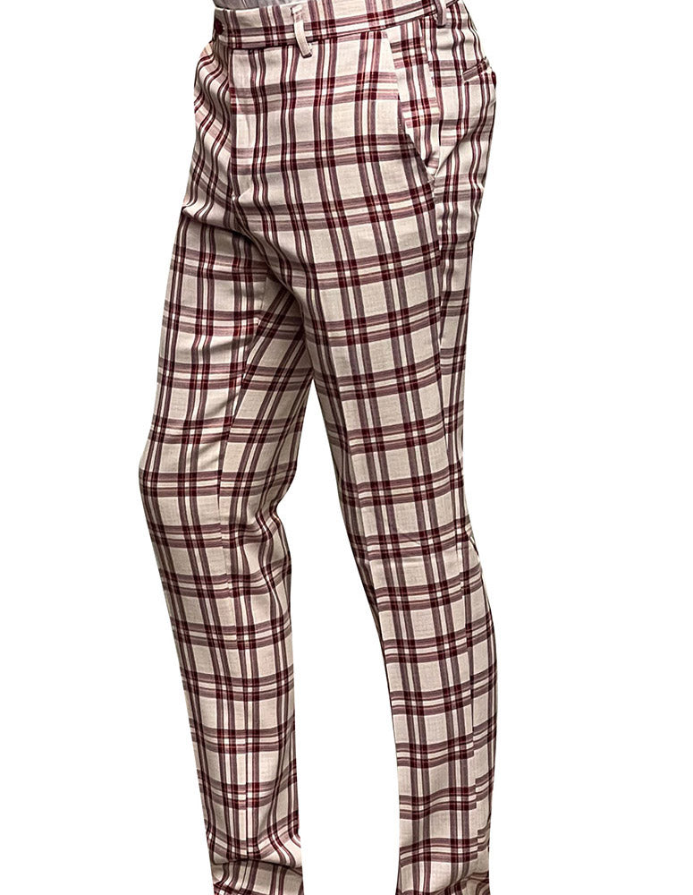 Individual dressed in STATEMENT CLOTHING's cream-colored, slim fit PLAID PANTS PL-300-RED featuring a red and black checked design.