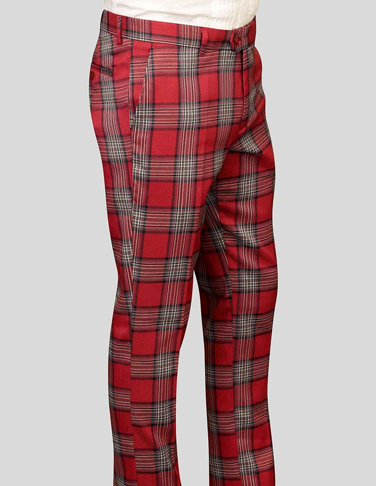 STATEMENT CLOTHING | ﻿PLAID SLIM FIT PANTS PL-301-RED