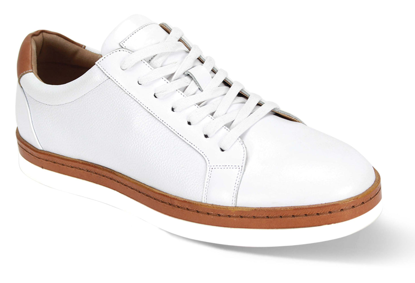 The Giovanni Porter White Leather Shoes by GIOVANNI are elegant low-top sneakers crafted with white leather and brown trim, featuring a classic leather welt, white laces, and a sturdy sole for effortless style.