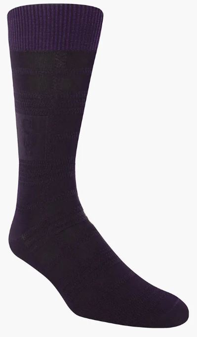 The Stacy Adams Tonal Plaid Plum Dress Socks, crafted by ORIGINS for men's sizes 8-13, are depicted against a plain white background and feature a subtle texture pattern in dark purple.