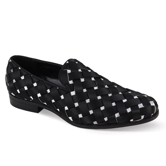 The After Midnight Exclusive Prince Black/White dress shoes by AFTER MIDNIGHT showcase a low heel and plain toe, with an intricate interlacing pattern on its black woven leather loafer.