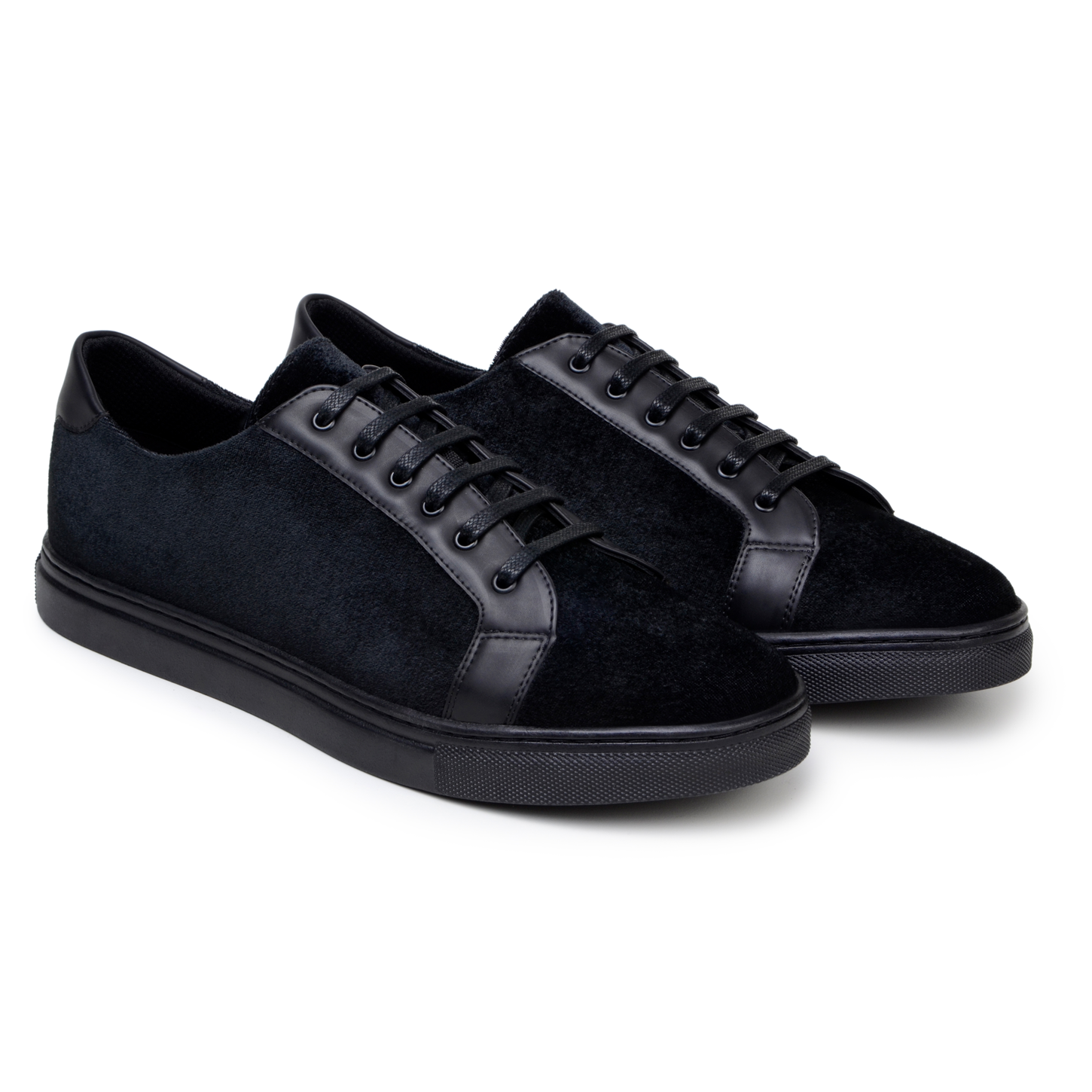 The Belvedere - Prince sneaker by BELVEDERE showcases a sleek black design with a velvet and matte leather finish, complemented by a rubber sole and foam cushioned insole for improved comfort, seen from the side.