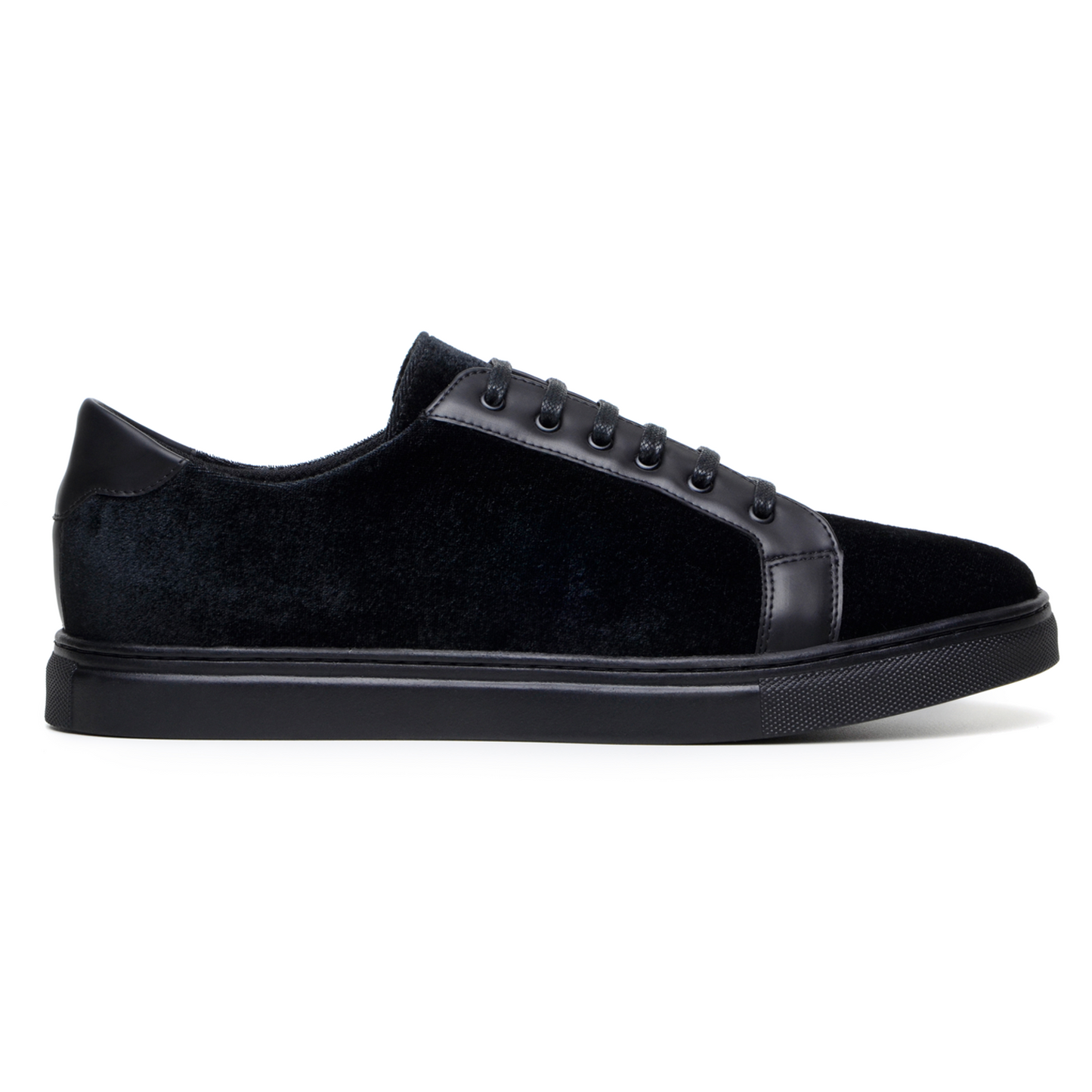 The Belvedere - Prince sneaker by BELVEDERE showcases a sleek black design with a velvet and matte leather finish, complemented by a rubber sole and foam cushioned insole for improved comfort, seen from the side.