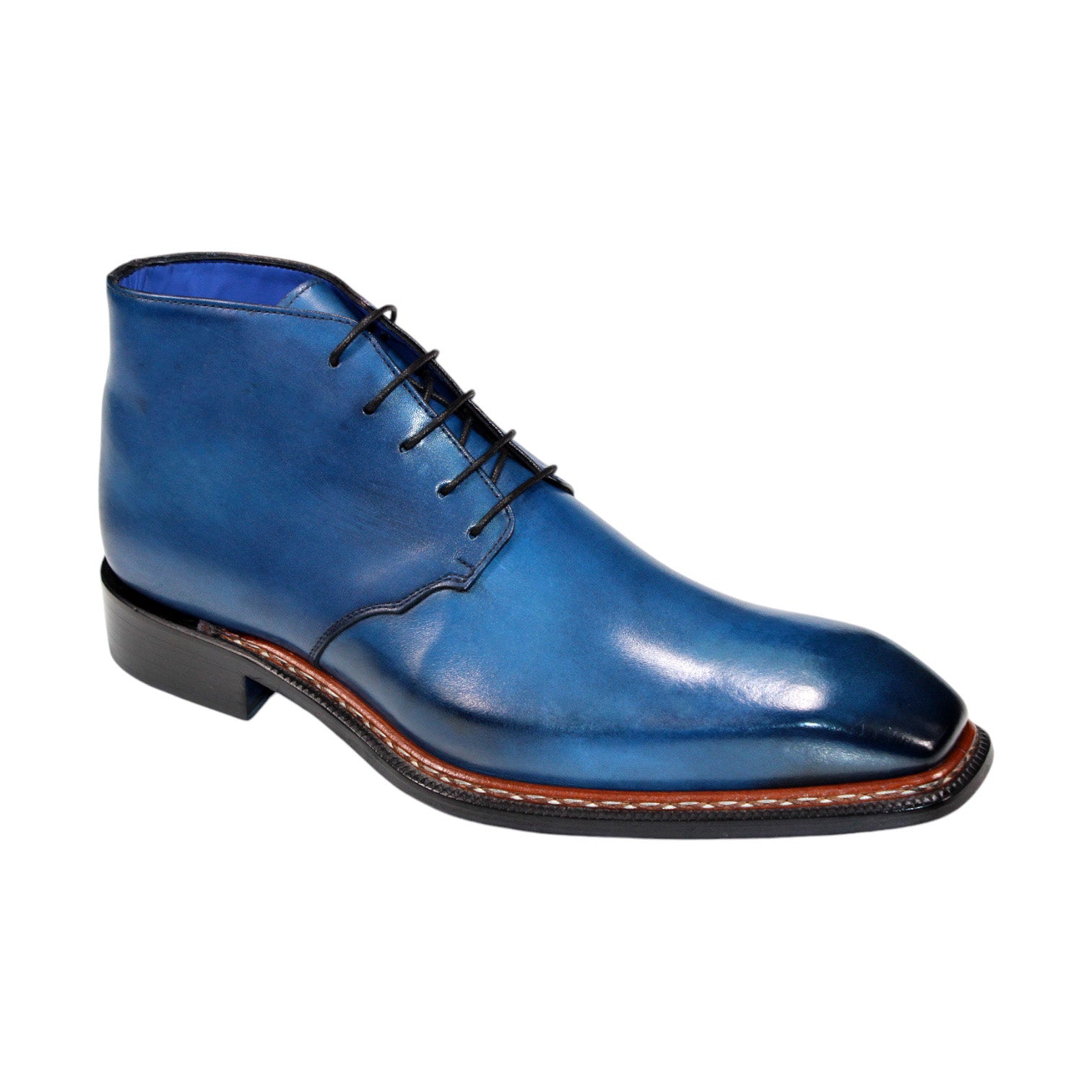 Introducing the Emilio Franco "Rocco" Blue Boot, a sophisticated leather dress boot featuring black laces and a black sole, accented with brown stitching along the edge. Expertly crafted in Italy by Emilio Franco, this design seamlessly blends elegance and style.