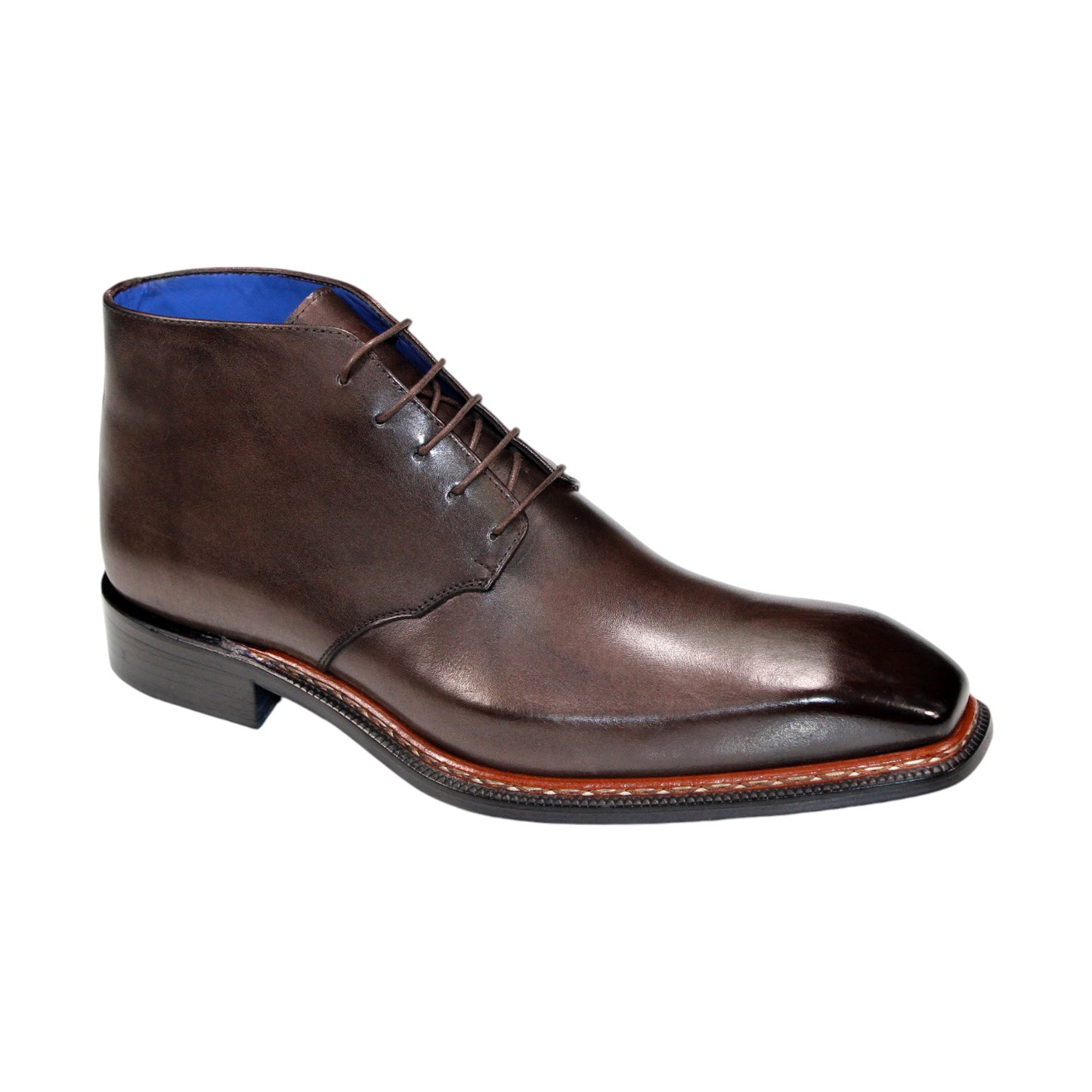 The Emilio Franco "Rocco" Chocolate Boot showcases a square-toed, ankle-high design crafted from brown leather with laces. Made in Italy, this boot features a sophisticated blue inner lining and a dark sole, exuding timeless elegance and exceptional craftsmanship.