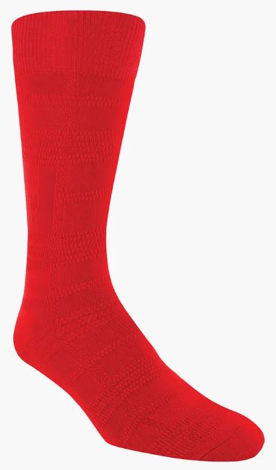 A Stacy Adams Tonal Plaid Red Dress Sock by ORIGINS, designed for men in size 8-13, features a ribbed cuff and a subtle plaid pattern on a plain white background.